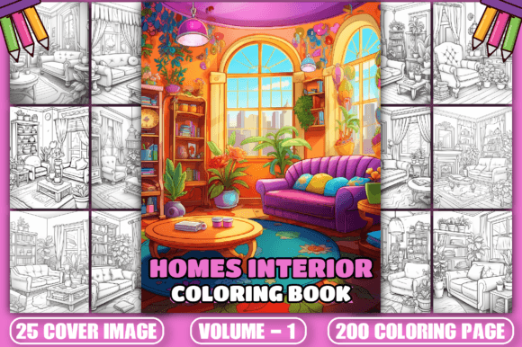 200 Homes Interior Coloring Pages Vol-1